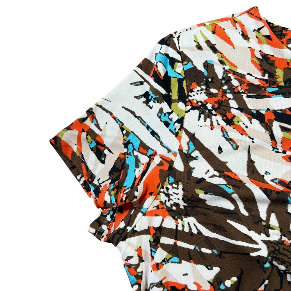 Bacci Floral Abstract Print Ruched Midi Dress Sz L Stretch Retro Chic - Picture 6 of 7